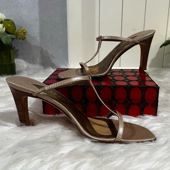 LRL Ralph Lauren Leather T-Strap Metallic High Heel Snakeskin Slides Sandals 5.5 - Picture 4 of 13